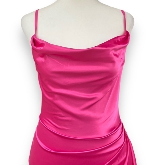 New HTZMO Fuchsia Ruched Cowl Neck Satin Midi Dress Size Extra Small - Picture 4 of 16